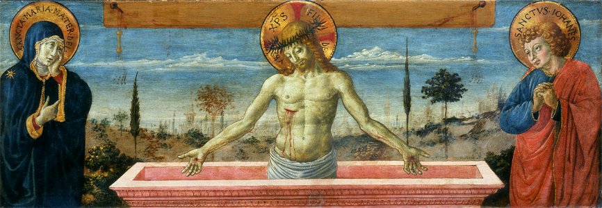 Gozzoli - Christ the Man of Sorrows between the Virgin Mary and St. John the Evangelist, c. 1450