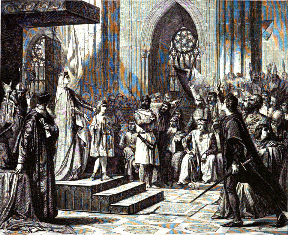 Grabado del cuadro María de Molina presenta a su hijo Fernando IV en las Cortes de Valladolid de 1295 (El Museo Universal, 1864)