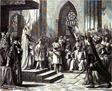 Grabado del cuadro María de Molina presenta a su hijo Fernando IV en las Cortes de Valladolid de 1295 (El Museo Universal, 1864)