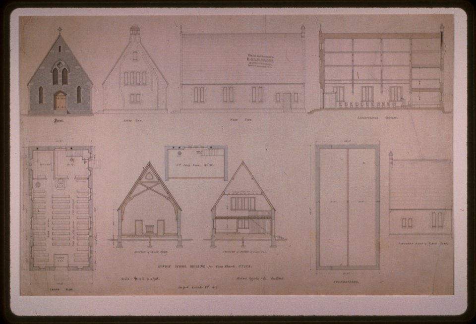 Grace Church (Utica, New York). Sunday school building. Elevation, plan, and section) - Richard Upjohn & Co., Architects LCCN97516620