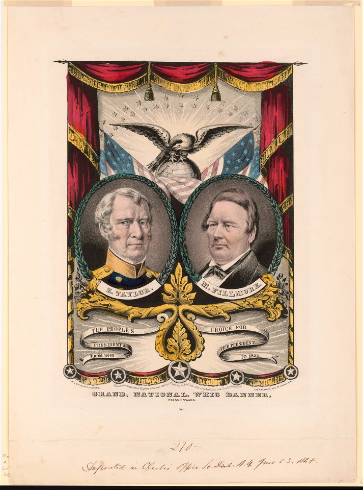 Grand national Whig banner- press onward - lith. & pub. by N. Currier 152 Nassau St. . . . N.Y. LCCN2003656579
