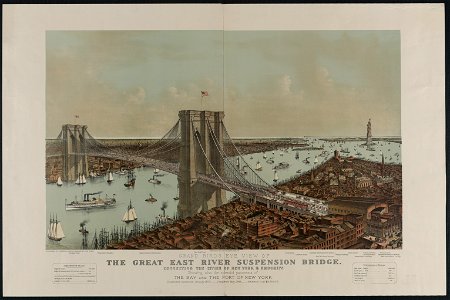 Grand birds eye view of the Great East River suspension bridge Connecting the cities of New York & Brooklyn - Showing also the splendid panorama of the bay and the port of New York. LCCN93500215