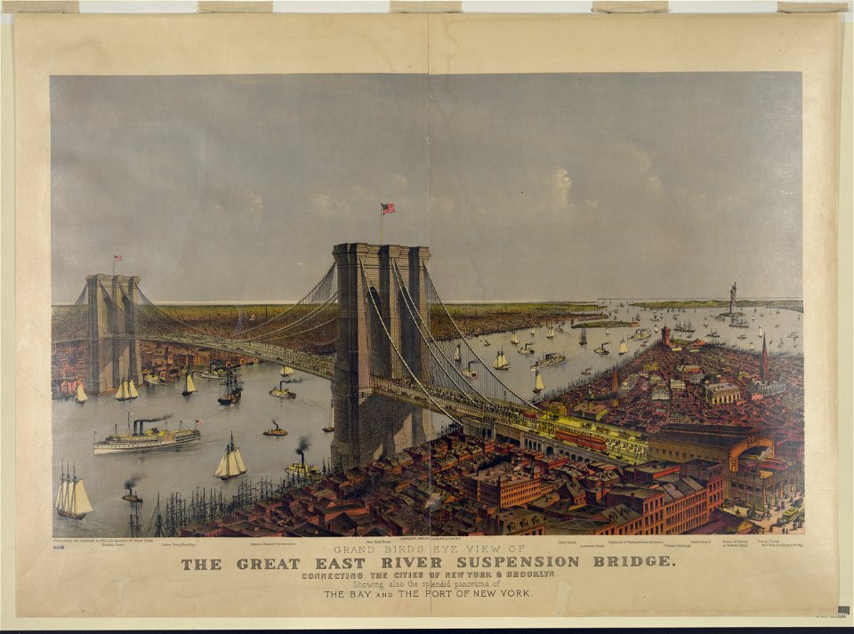 Grand birds eye view of the Great East River suspension bridge Connecting the cities of New York & Brooklyn - Showing also the splendid panorama of the bay and the port of New York. LCCN2006676681