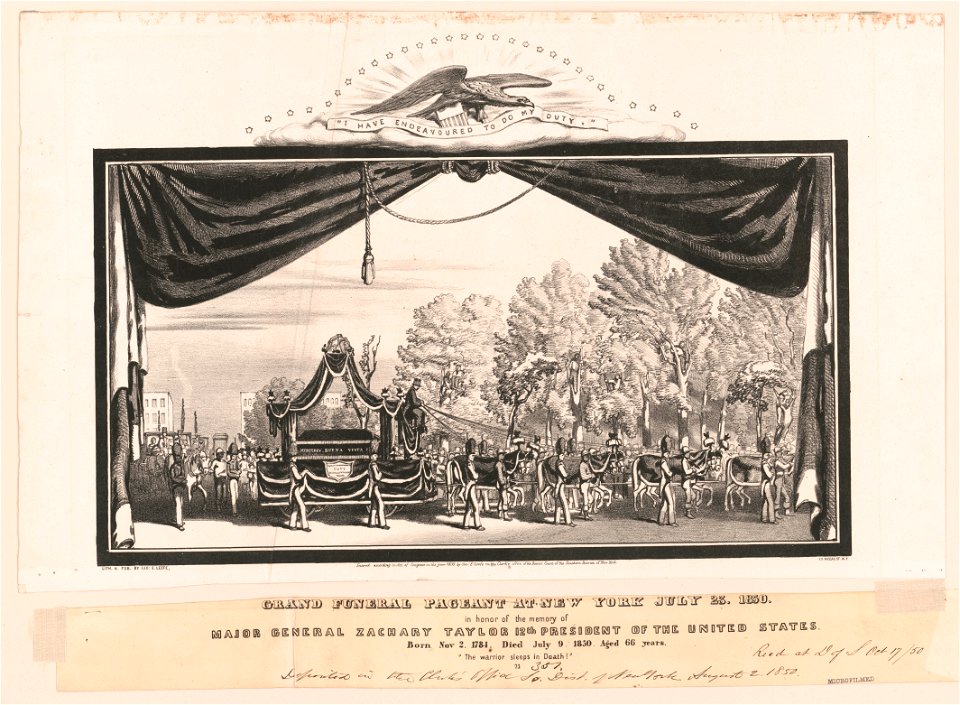 Grand funeral pageant at New York July 23, 1850, in honor of the memory of Major General Zachary Taylor 12th president of the United States - lith. and pub. by Geo. E. Leefe, 111 Nassau St., LCCN2003675657