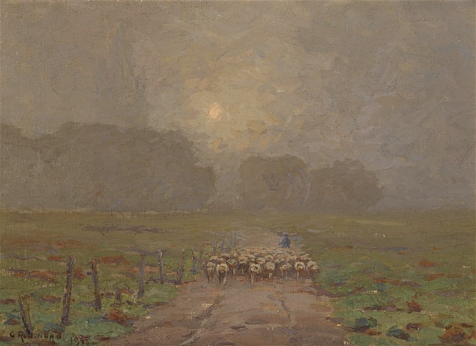 Granville Redmond - Shepherd Herding Sheep in a Misty Landscape