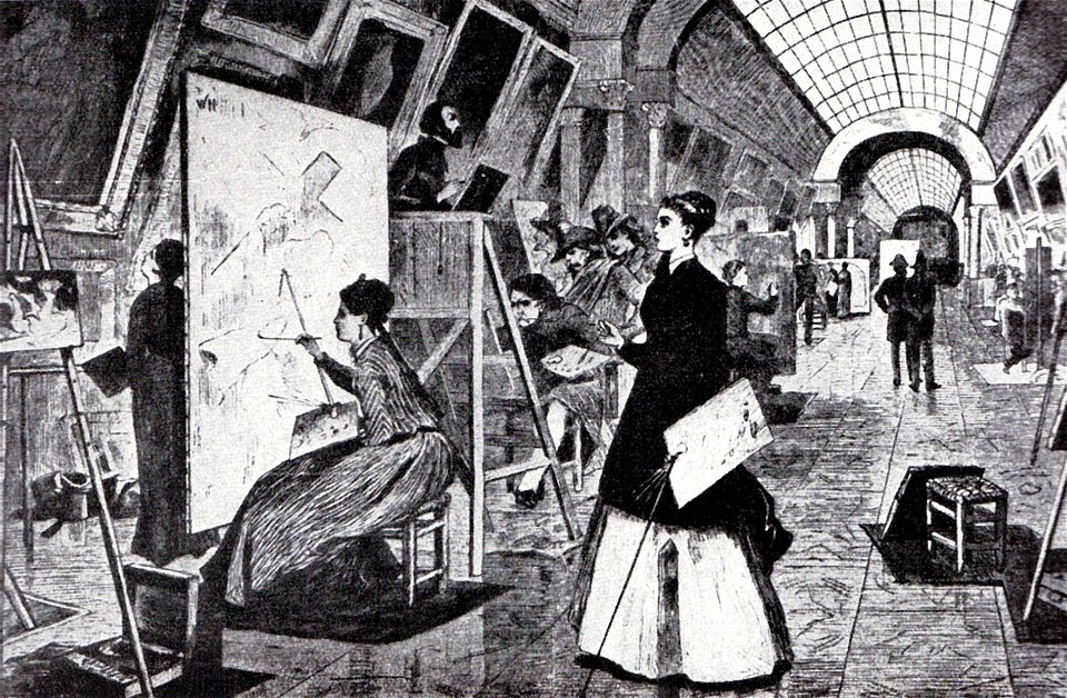 Gravura 1867 - Copisti in marea galerie de la Luvru