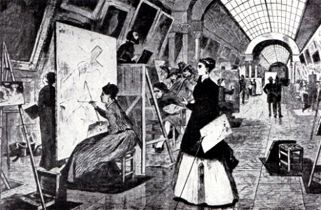 Gravura 1867 - Copisti in marea galerie de la Luvru