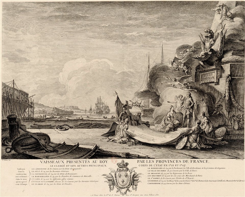 Gravure allégorique sur le don des vaisseaux vers 1762