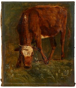 Grazing red heifer. Study (Johan Thomas Lundbye) - Nationalmuseum - 210383. Free illustration for personal and commercial use.