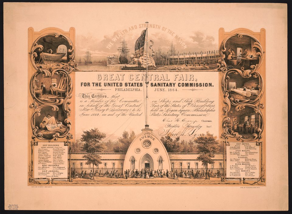 Great central fair, for the United States Sanitary Commission. Philadelphia, June, 1864 - desd. & on stone by James Queen ; lith. of P.S. Duval & Son, Phila. LCCN2016645706