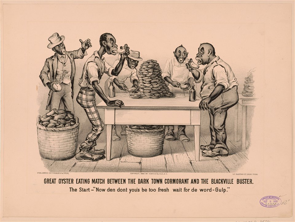 Great oyster eating match between the Dark Town Cormorant and the Blackville Buster The start - Now den dont you's be too fresh, wait for de word - Gulp. LCCN2001704282