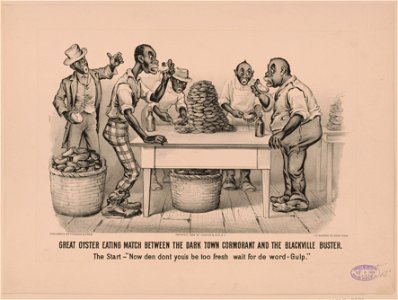 Great oyster eating match between the Dark Town Cormorant and the Blackville Buster The start - Now den dont you's be too fresh, wait for de word - Gulp. LCCN2001704282