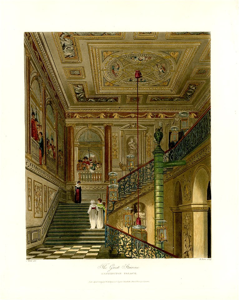 Great Staircase, Kensington Palace, from Pyne's Royal Residences, 1819 - panteek pyn91-541
