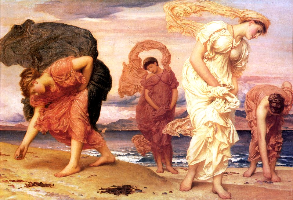 Greek Girls Picking up Pebbles by the Sea