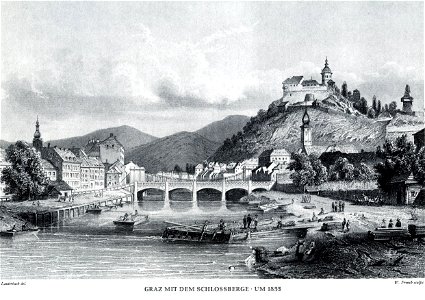 Graz Schlossberg Ferdinandsbrücke 1855. Free illustration for personal and commercial use.