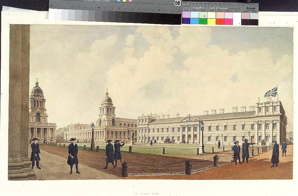 Greenwich Hospital viewed from the north and showing pensioners, 1830 RMG PY9662