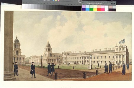 Greenwich Hospital viewed from the north and showing pensioners, 1830 RMG PY9662