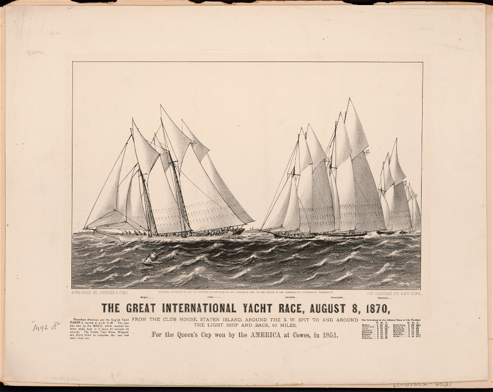 Great international yacht race, August 8, 1870- from the club house, Staten Island, around the S.W. Spit to and around the light ship and back, 40 miles For the queen's cup won by the LCCN2001704276