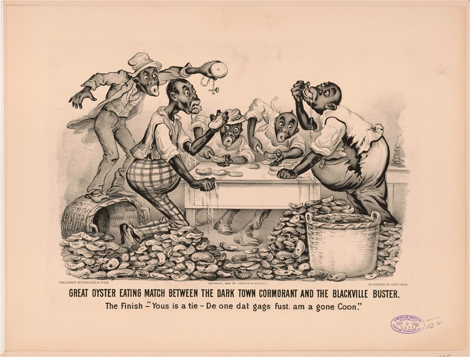 Great oyster eating match between the Dark Town Cormorant and the Blackville Buster The finish - Yous is a tie - De one dat gags fust, am a gone coon. LCCN2001704281