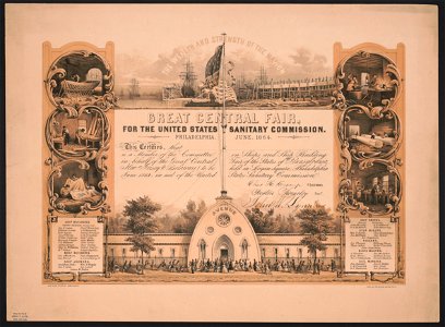 Great central fair, for the United States Sanitary Commission. Philadelphia, June, 1864 - desd. & on stone by James Queen ; lith. of P.S. Duval & Son, Phila. LCCN2016645706