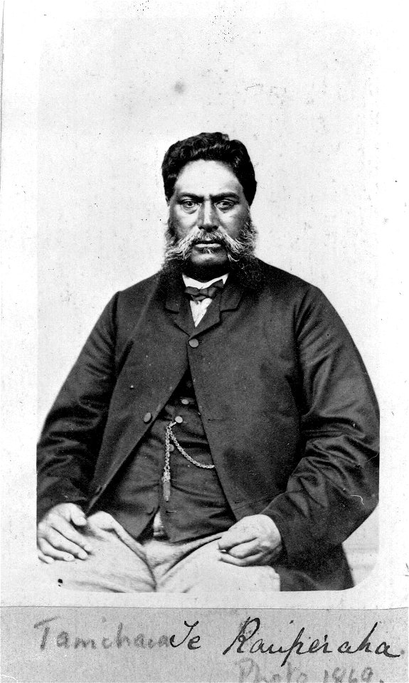 Formal seated portrait of Tamihana Te Rauparaha, taken by an unknown photographer in 1869