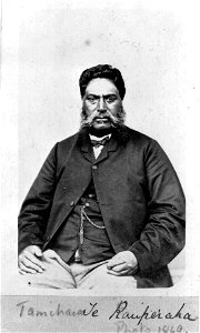 Formal seated portrait of Tamihana Te Rauparaha, taken by an unknown photographer in 1869