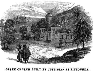 Greek church built by Justinian at Pitzounda. Travels in Circassia, Krim-tartary, &c. Free illustration for personal and commercial use.