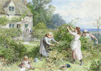 Myles Birket Foster Children gathering blackberries. Free illustration for personal and commercial use.