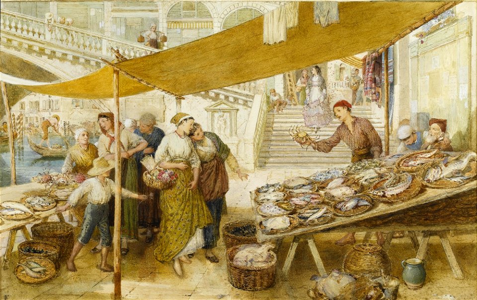 Myles Birket Foster The fish market on the steps of the Rialto Bridge