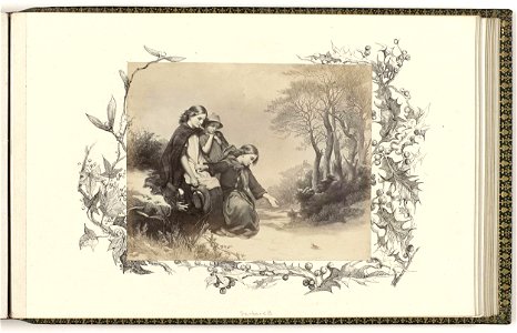 Fotoreproductie van gravure van kinderen die vogeltje vinden, omzoomd door tekening hulstranken