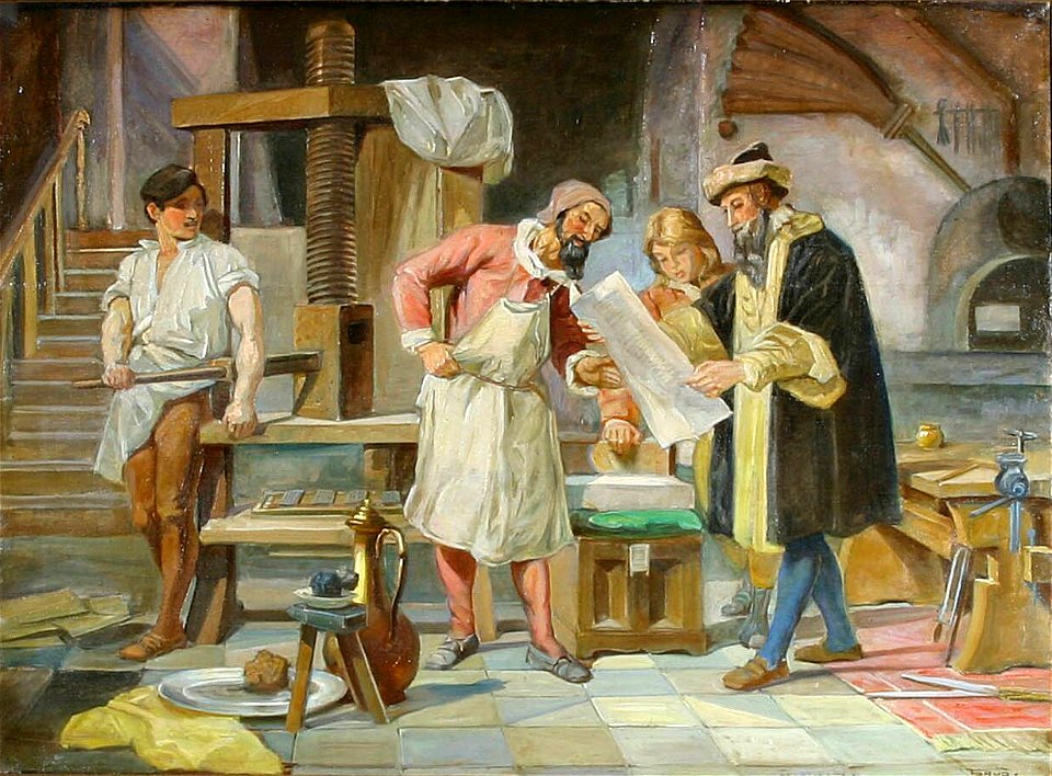 Carl Forup - Kælderinteriør med arbejdere i trykkeriet