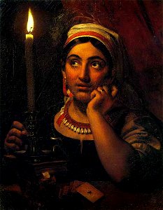 Fortune-teller with a candle by O.Kiprensky (1830, GRM). Free illustration for personal and commercial use.