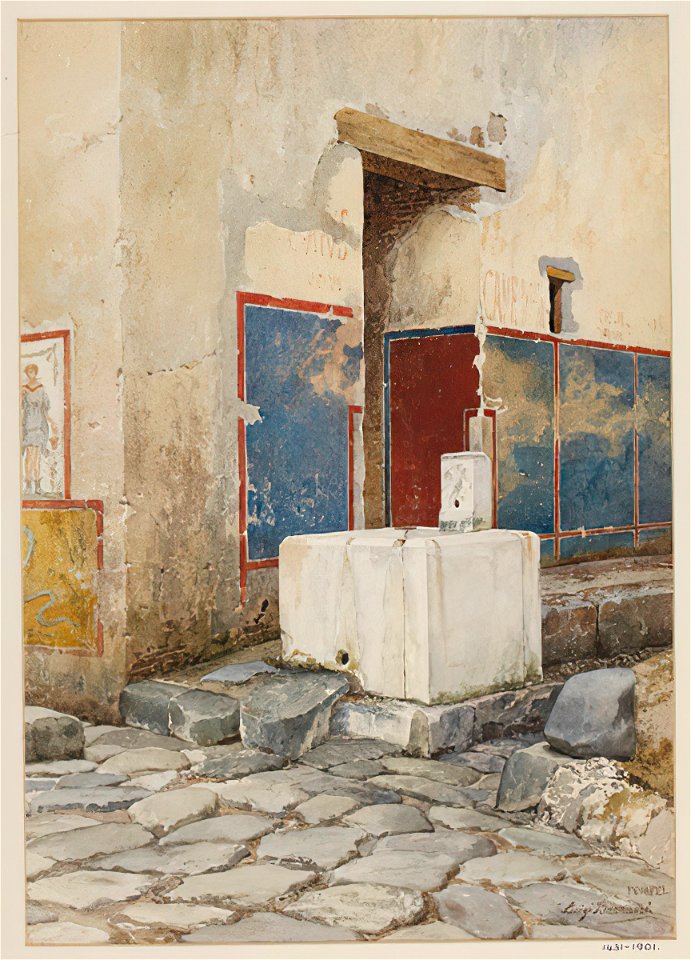 Fountain on a street in Pompeii watercolor by Luigi Bazzani