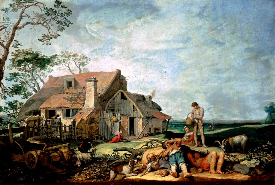 Abraham Bloemaert - Landscape with farmstead, peasants and the exodus of Tobias with the angel (1630)