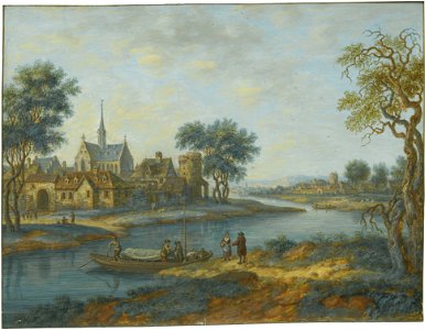 Blick auf eine Stadt am Fluss mit einem Boot und Menschen im Vordergrund
