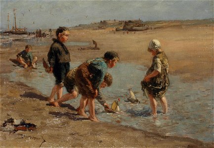 Bernardus Johannes Blommers - Children playing on a beach. Free illustration for personal and commercial use.