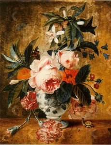 Bloemstilleven in een porseleinen vaas op een marmeren blad, ca. 1729