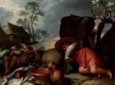 Abraham Bloemaert - Landscape with Herdsmen and Satan Sowing Darnel. Free illustration for personal and commercial use.
