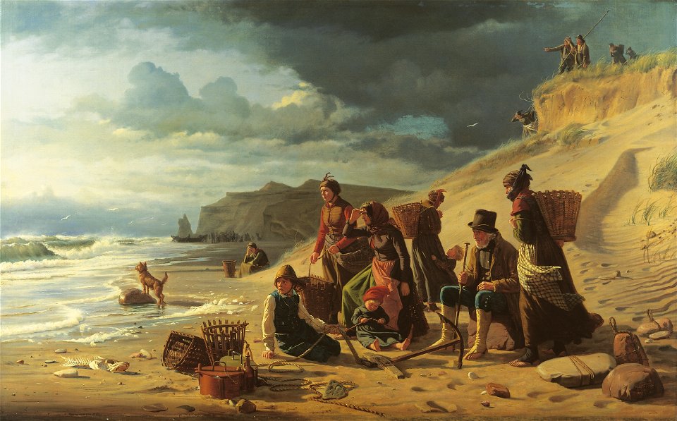 Bloch, Carl- Fiskerfamilier, som venter deres mænds hjemskomst ved et frembrydende uvejr. Fra Jyllands vestkyst