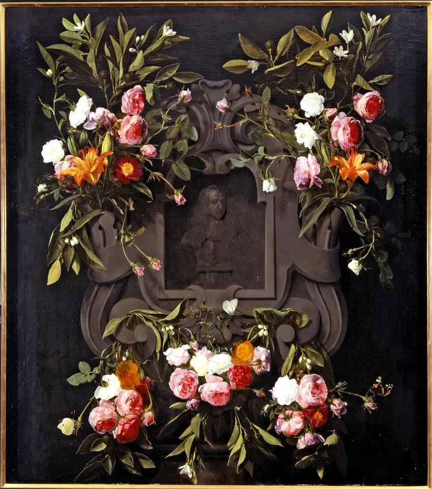 Bloemencartouche rond een beeld van koning-stadhouder Willem III