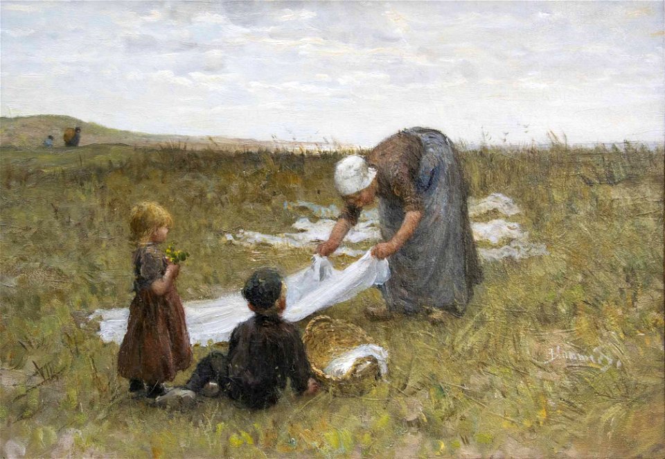 Bernardus Johannes Blommers - Met mama wasgoed bleken in de duinen van Katwijk