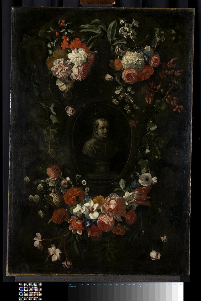 Bloemenkrans om het portret van Hieronymus van Weert, martelaar van Gorkum Rijksmuseum SK-A-800
