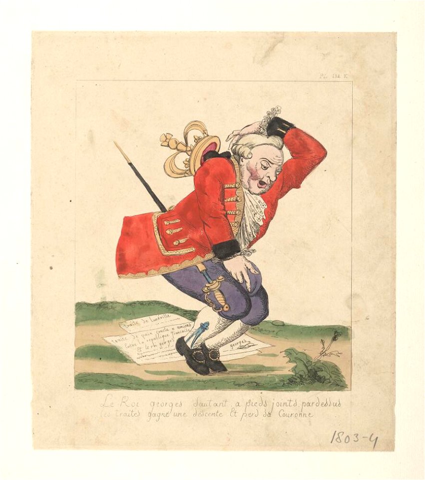 Bodleian Libraries, Le roi Georges sautant a pieds joints par dessus les traités gagne une descente et perd sa couronne