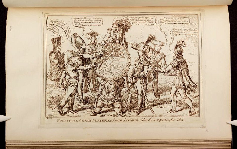 Bodleian Libraries, Political chess players, or- Boney bewilder'd John Bull supporting the table