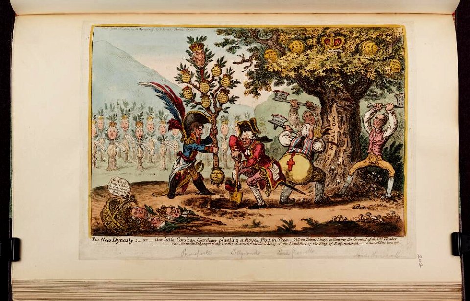 Bodleian Libraries, The new dynasty or - the little Corsican gardiner planting a royal pippin tree All the talents, busy, in clearing the