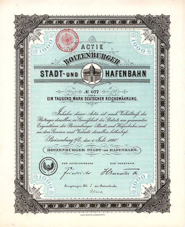 Boizenburger Stadt- und Hafenbahn 1000 Mk 1890