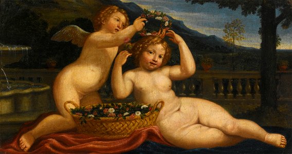 Bolognese School 17th Century Putto Crowning Another Putto with a Garland of Flowers, a Landscape Beyond