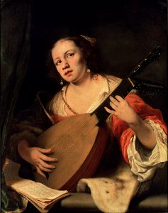 A Lady Playing the Lute (Ferdinand Bol) - Nationalmuseum - 18433. Free illustration for personal and commercial use.