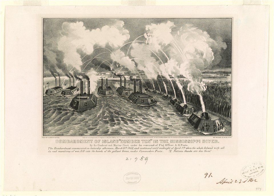 Bombardment of Island Number ten in the Mississippi River- By the gunboat and mortar fleet, under the Command of Flag Officer A.H. Foote LCCN90711988