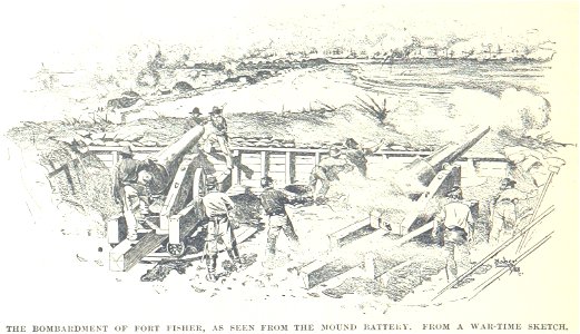 Bombardment of Fort Fisher from the mound battery. Free illustration for personal and commercial use.